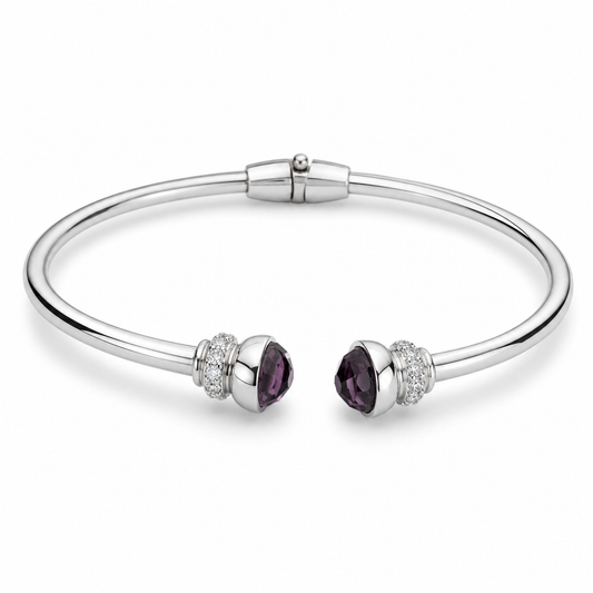 Sterling Silver Amethyst and Cubic Zirconia Hinged Torq Bangle