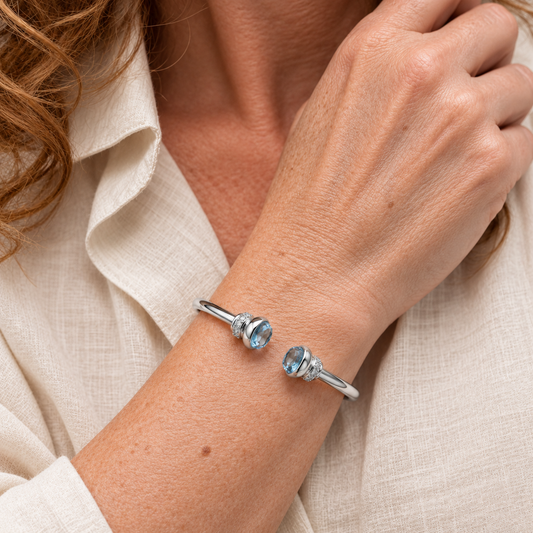 Sterling Silver Blue Topaz and Cubic Zirconia Hinged Torq Bangle, view 2