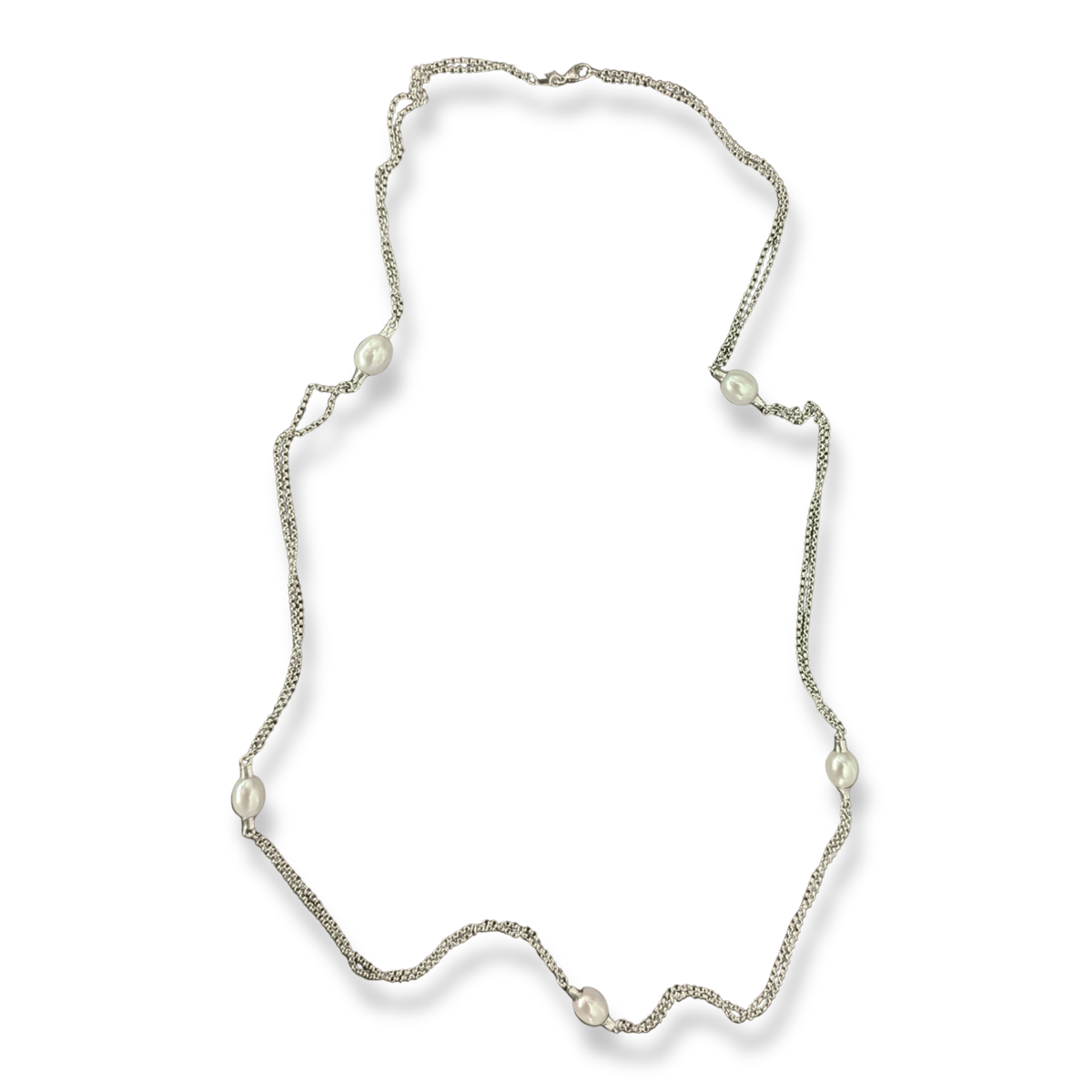 Sterling Silver Double Chain Necklace with Fixed Pearls