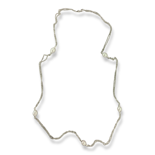 Sterling Silver Double Chain Necklace with Fixed Pearls