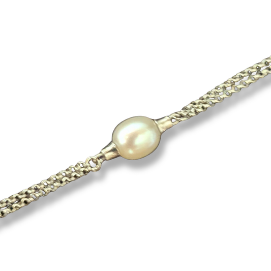 Sterling Silver Double Chain Necklace with Fixed Pearls, view 2