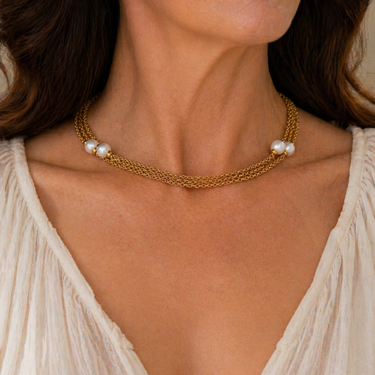 Gold Vermeil Double Chain Necklace with Fixed Pearls, view 3