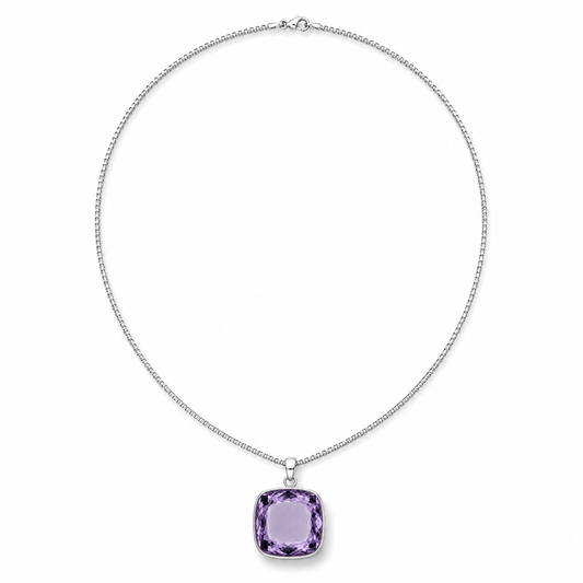 Sterling Silver Extra Large Amethyst Coloured Synthetic Quartz Pendant with Sterling Silver Box Chain, view 3