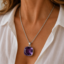 Load image into Gallery viewer, Sterling Silver Extra Large Amethyst Coloured Synthetic Quartz Pendant
