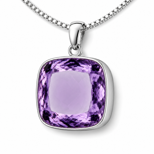 Sterling Silver Extra Large Amethyst Coloured Synthetic Quartz Pendant with Sterling Silver Box Chain