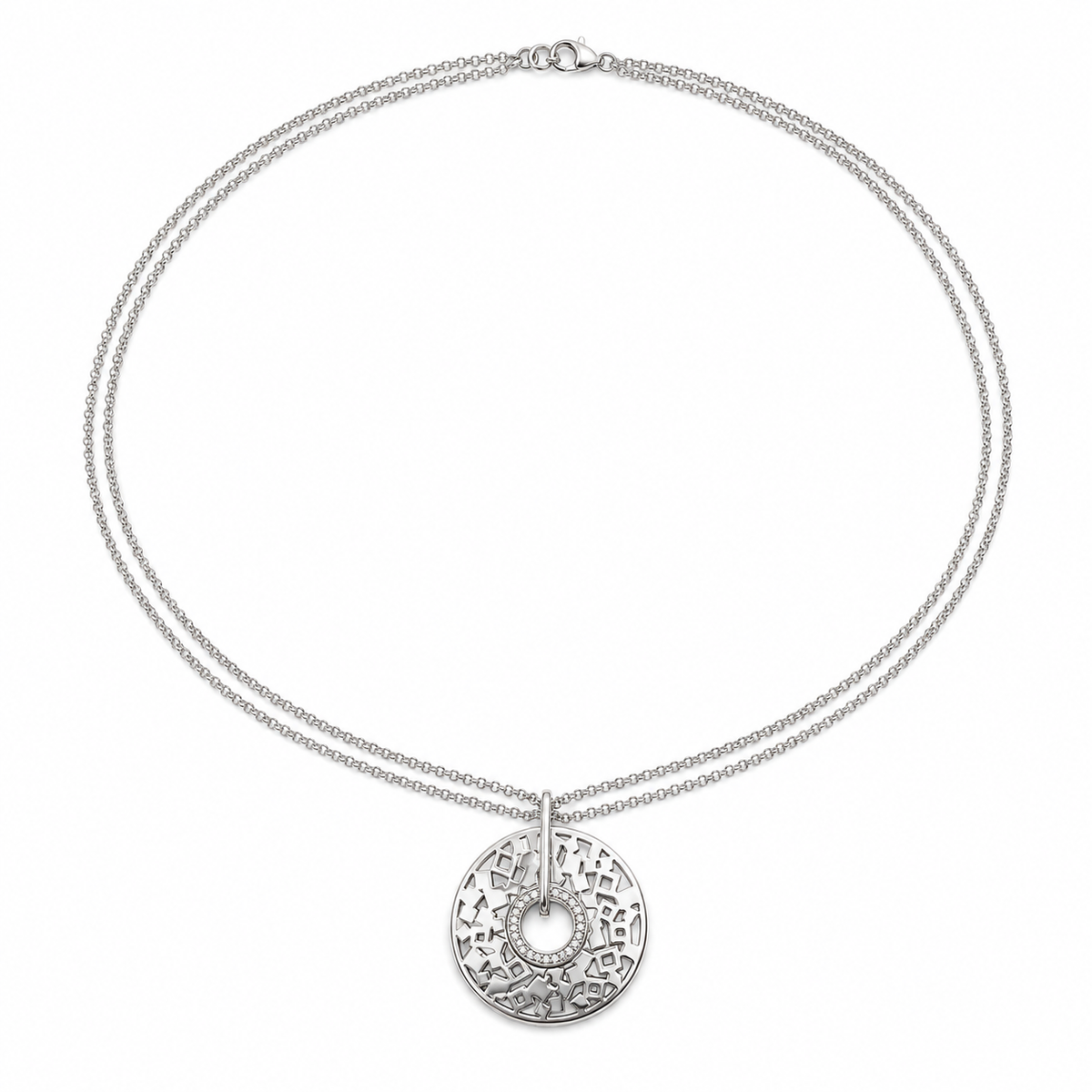 Sterling Silver Cubic Zirconia Lattice Circle Pendant Necklace, view 3