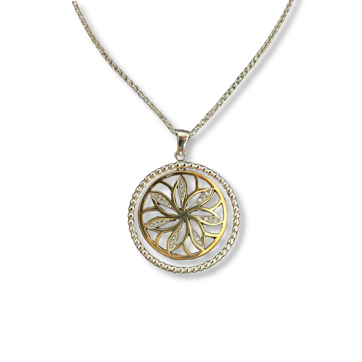 Sterling Silver and Gold Vermeil Floral Pendant Necklace with Cubic Zirconia