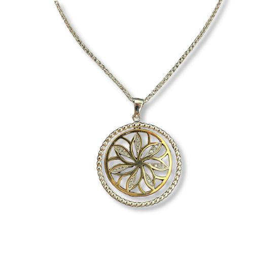 Sterling Silver and Gold Vermeil Floral Pendant Necklace with Cubic Zirconia