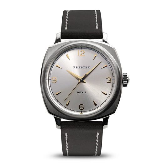 Prestex Royale Quartz Silver dial Black leather strap