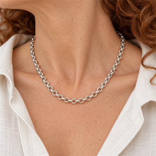 Sterling Silver 7.47mm Round Belcher Chain worn by the Urban Armour model with cream linen shirt