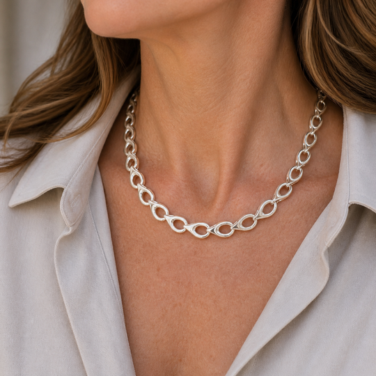 Sterling Silver Sculptural Teardrop Link Necklace, view 2