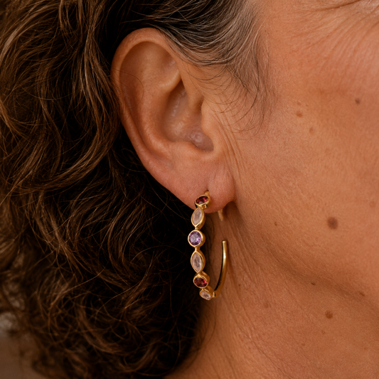 Gold Vermeil Amethyst and Garnet Hoop Earrings, view 2