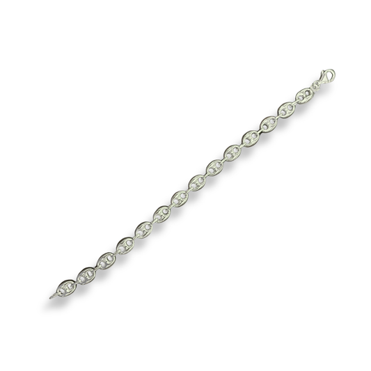 Silver bracelet with open link design on a white background