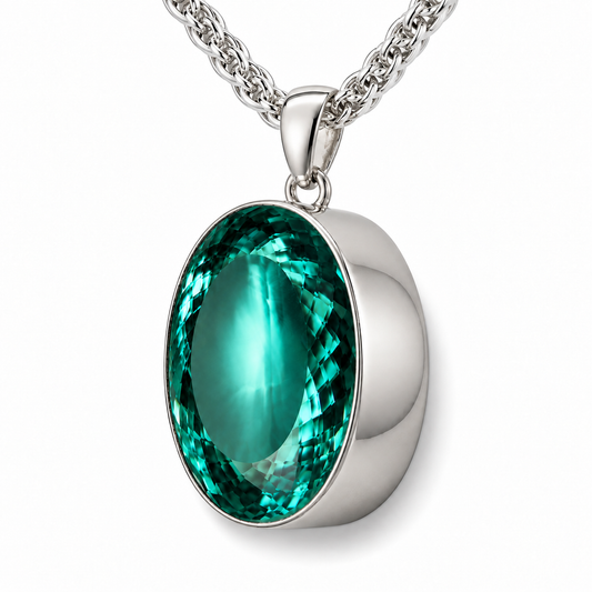 Sterling Silver Extra Large Oval Jade Colour Synthetic Quartz Necklace with 50cm Woven Chain — V-chain packshot