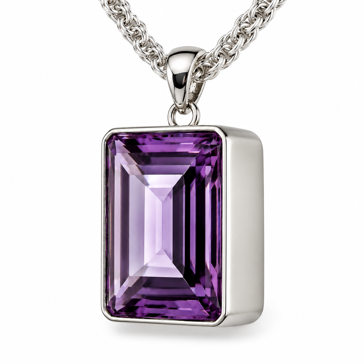 Sterling Silver Extra Large Oblong Amethyst Coloured Synthetic Quartz Necklace with 50cm Woven Chain — V-chain packshot