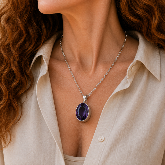 Sterling Silver Indigo Synthetic Quartz Oval Pendant, view 2