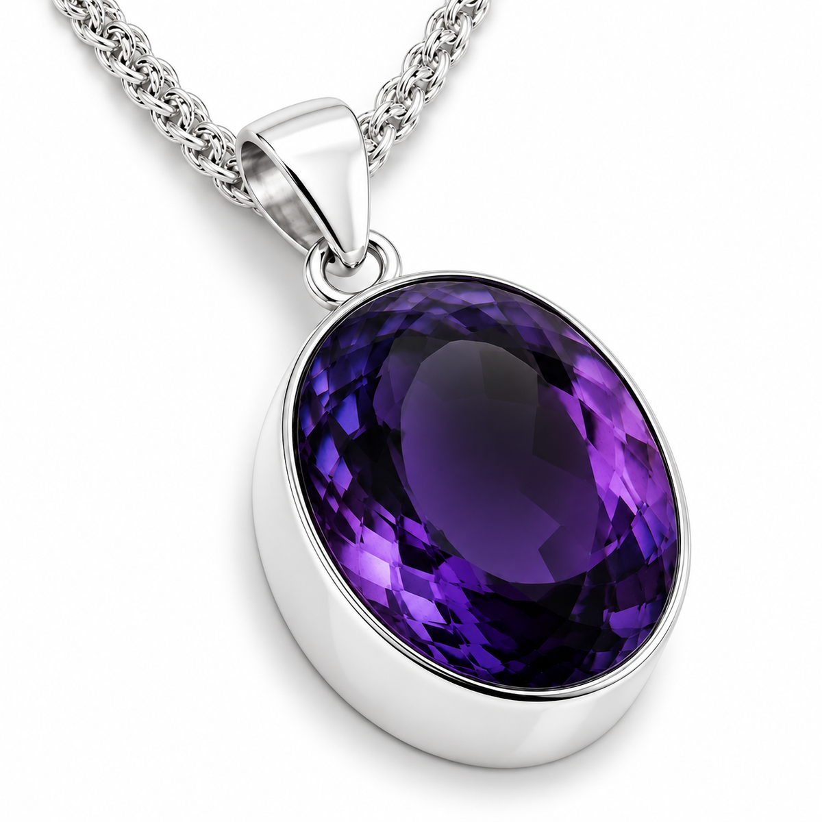 Sterling Silver Indigo Synthetic Quartz Large Oval Necklace with 50cm Woven Chain — V-chain packshot