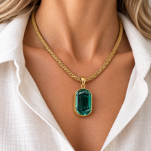 Load image into Gallery viewer, Gold Vermeil Large Jade Green Synthetic Quartz Stadium Pendant, view 2
