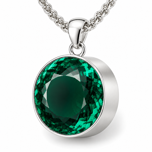 Sterling Silver Jade Green Synthetic Quartz Round Necklace with 50cm Woven Chain — V-chain packshot