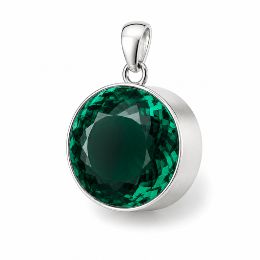 Sterling Silver Jade Green Synthetic Quartz Round Pendant