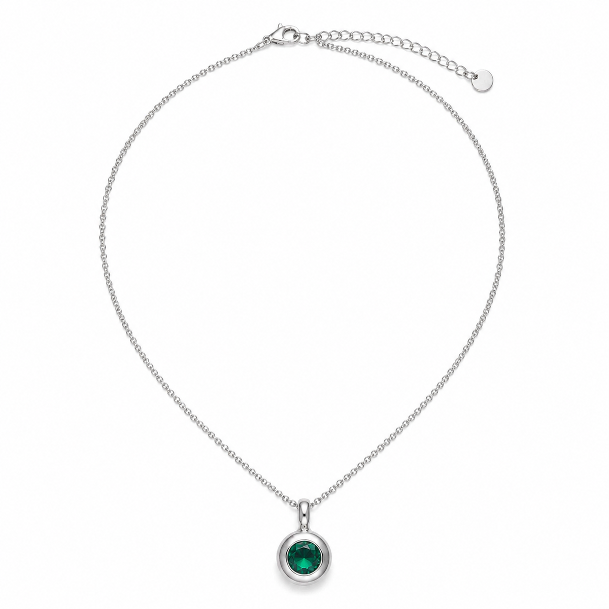 A silver chain necklace with a round bezel-set green gemstone pendant, displayed on a clean white background.