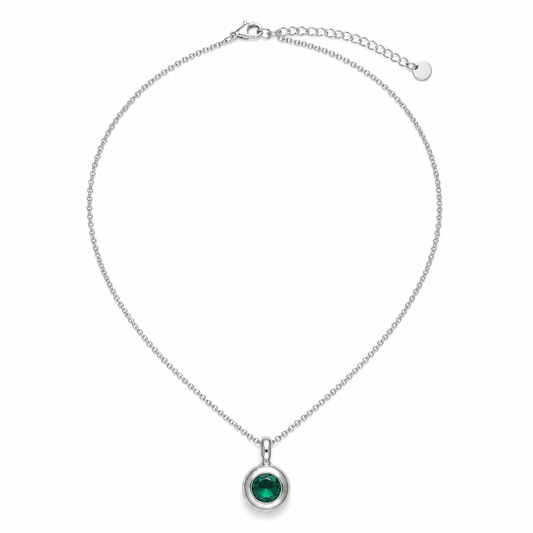 A silver chain necklace with a round bezel-set green gemstone pendant, displayed on a clean white background.