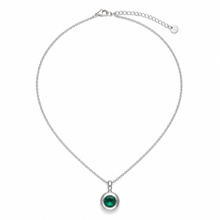 Load image into Gallery viewer, A silver chain necklace with a round bezel-set green gemstone pendant, displayed on a clean white background.
