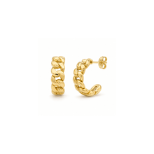 Load image into Gallery viewer, A pair of gold curb link hoop earrings shown on a plain white background, with one earring facing forward and the other angled to show the post and backing.
