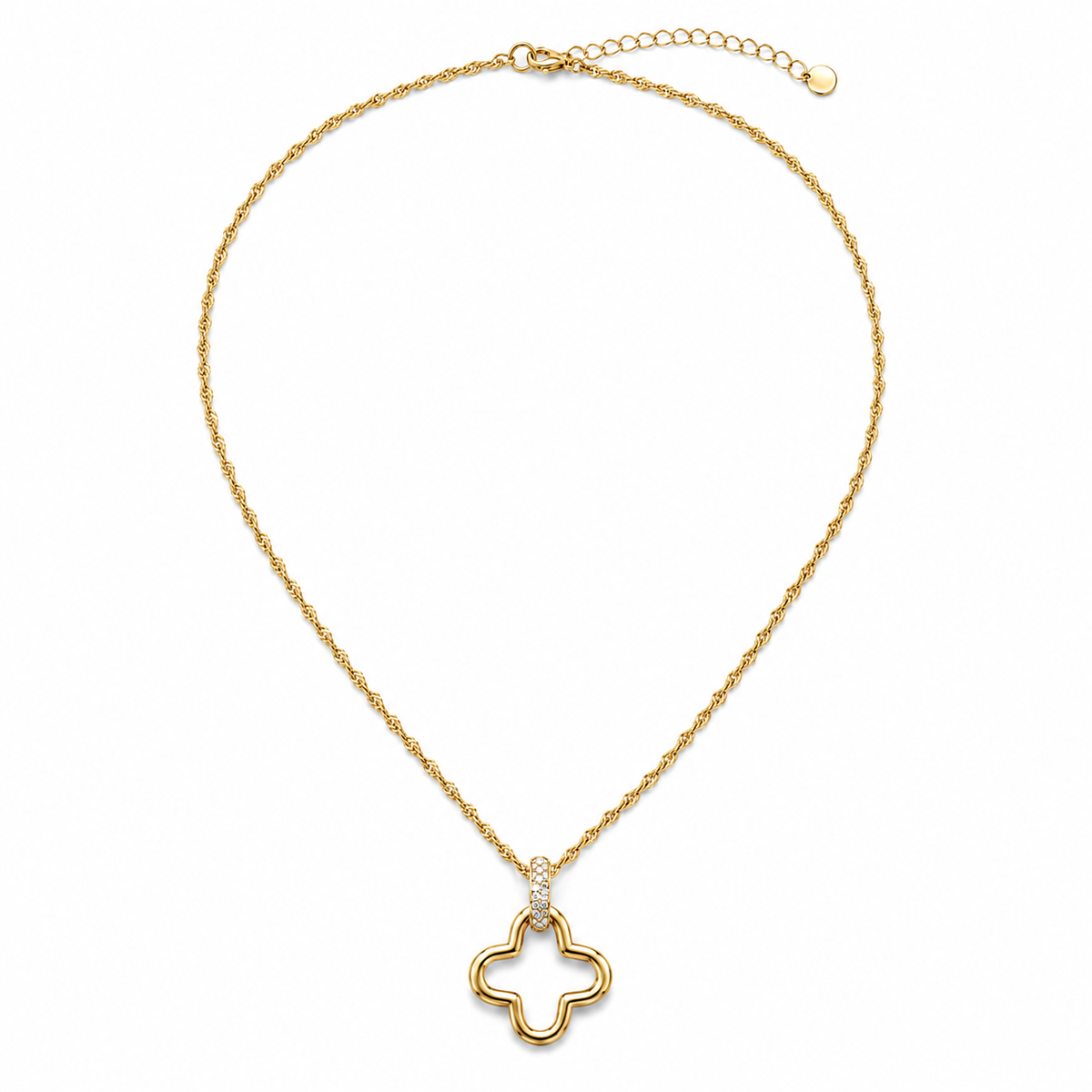 A gold chain necklace with a four-leaf clover pendant, featuring a small clear crystal accent on the side of the clover, displayed against a solid white background.