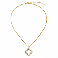 Load image into Gallery viewer, A gold chain necklace with a four-leaf clover pendant, featuring a small clear crystal accent on the side of the clover, displayed against a solid white background.
