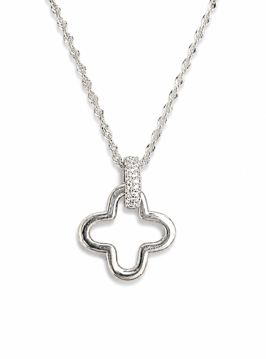 Sterling Silver Open Clover Pendant Necklace with Cubic Zirconia Bail
