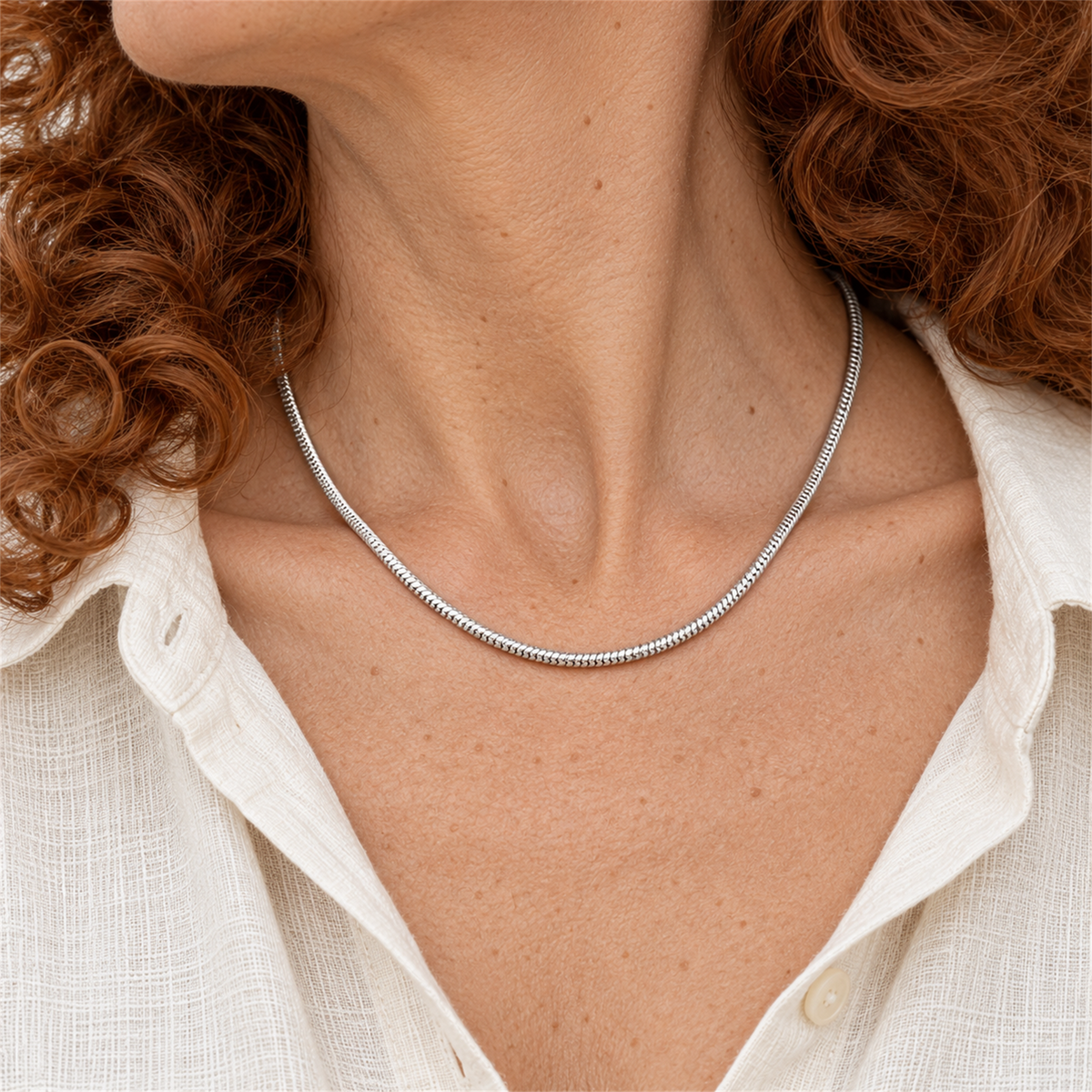 Sterling Silver Necklace - 4.1mm Snake Chain worn by the Urban Armour model with cream linen shirt