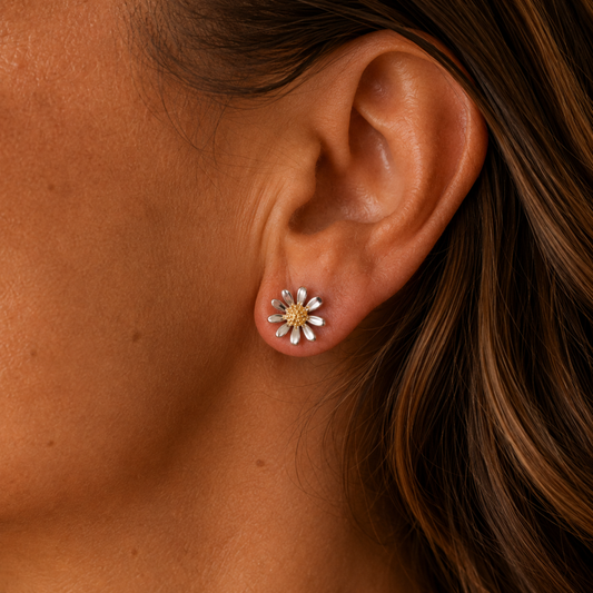 Small Sterling Silver Daisy Stud Earrings with Gold Vermeil Centre, view 2