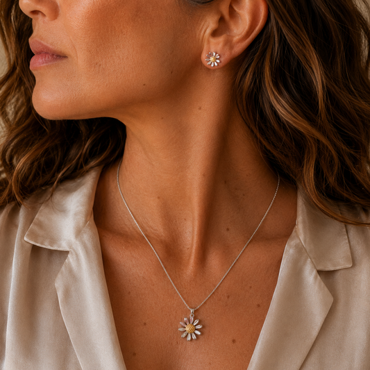 Small Sterling Silver Daisy Pendant Necklace with Gold Vermeil Centre, view 3