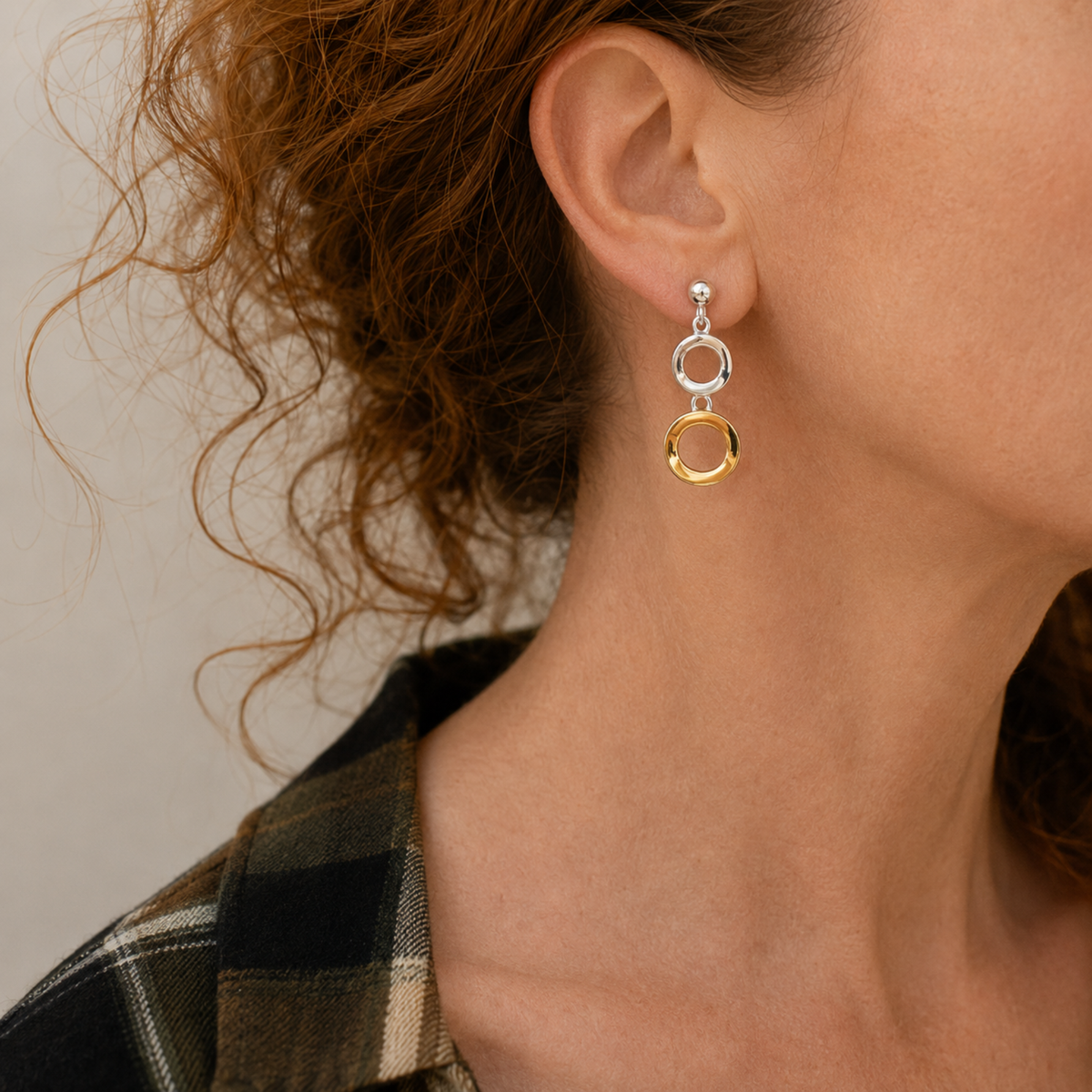 Two Tone Sterling Silver & Gold Vermeil Organic Circle Drop Earrings, view 2