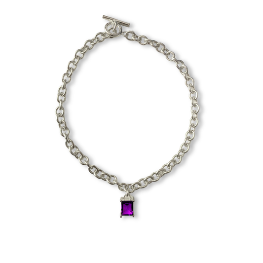 Sterling Silver Chunky Chain Necklace with Square Amethyst