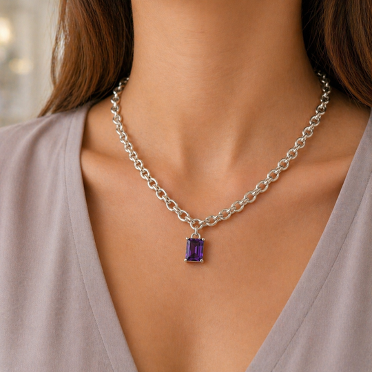 Sterling Silver Chunky Chain Necklace with Square Amethyst, view 2