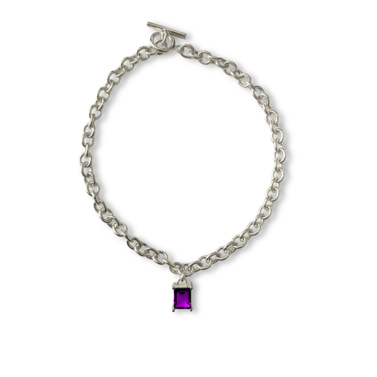 Sterling Silver Chunky Chain Necklace with Square Amethyst