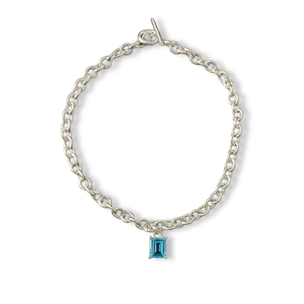 Sterling Silver Chunky Chain Necklace with Square Blue Topaz