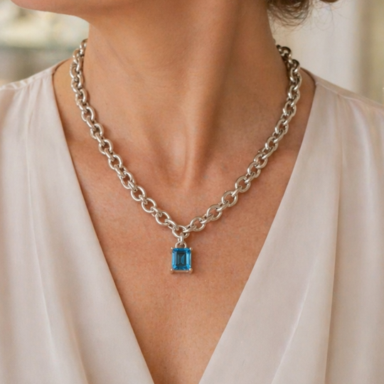 Sterling Silver Chunky Chain Necklace with Square Blue Topaz, view 2