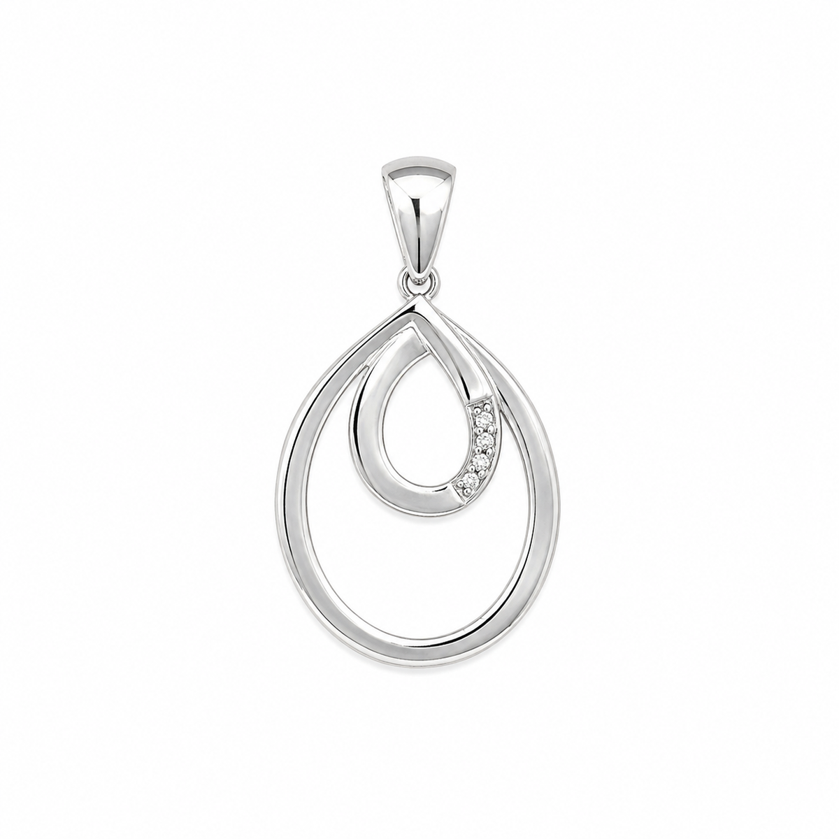 A silver teardrop-shaped pendant with an open, layered design and a small curved row of clear stones on one side, shown against a plain white background.