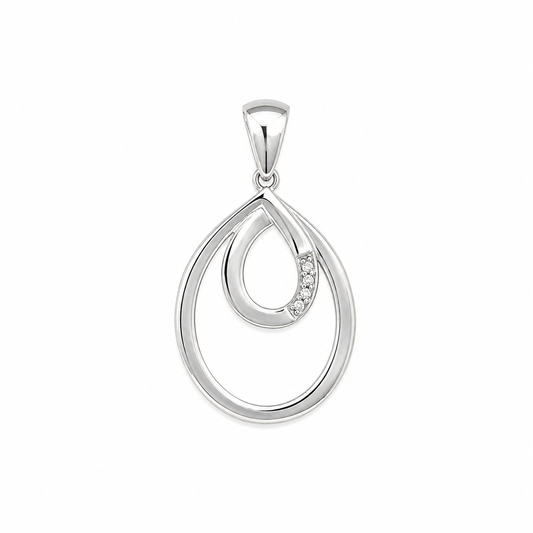 A silver teardrop-shaped pendant with an open, layered design and a small curved row of clear stones on one side, shown against a plain white background.