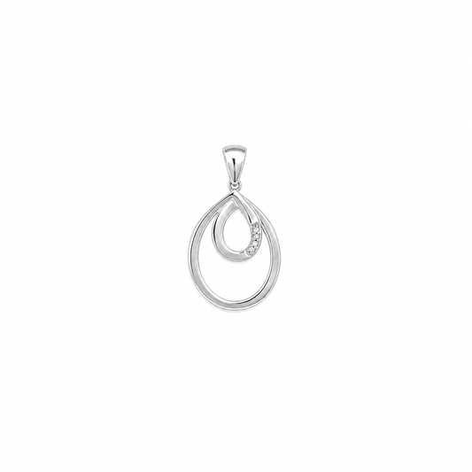 A silver teardrop-shaped pendant with an open, layered design and a small curved row of clear stones on one side, shown against a plain white background.