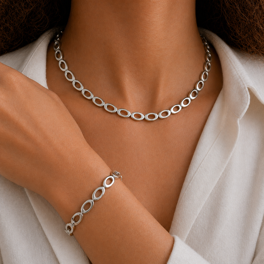 Sterling Silver Asymmetric Oval Link Collar Necklace, view 3