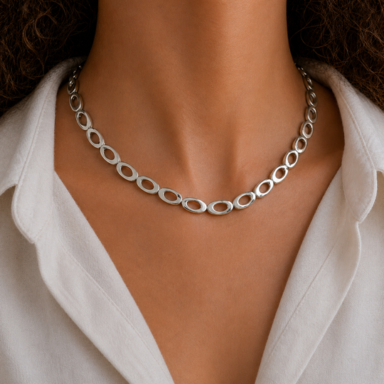 Sterling Silver Asymmetric Oval Link Collar Necklace, view 2