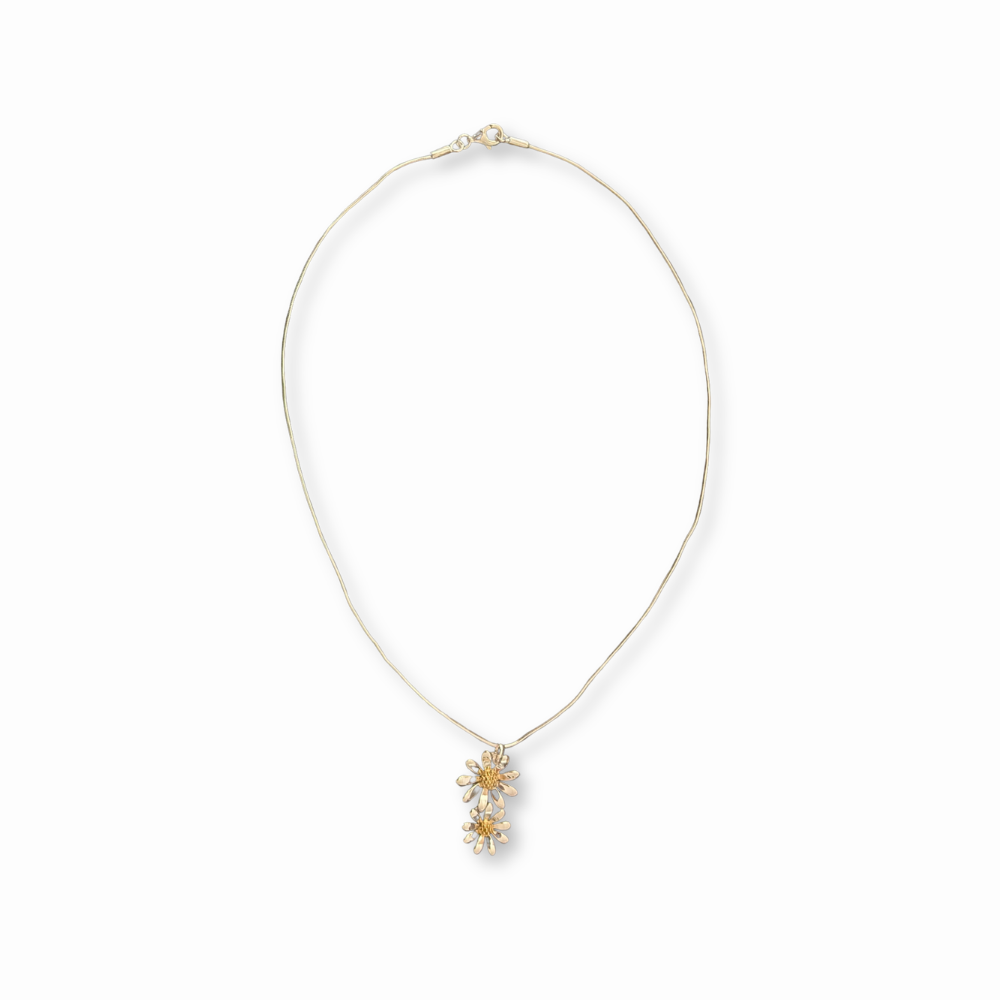 Sterling Silver Double Daisy Pendant Necklace on Snake Chain, view 2