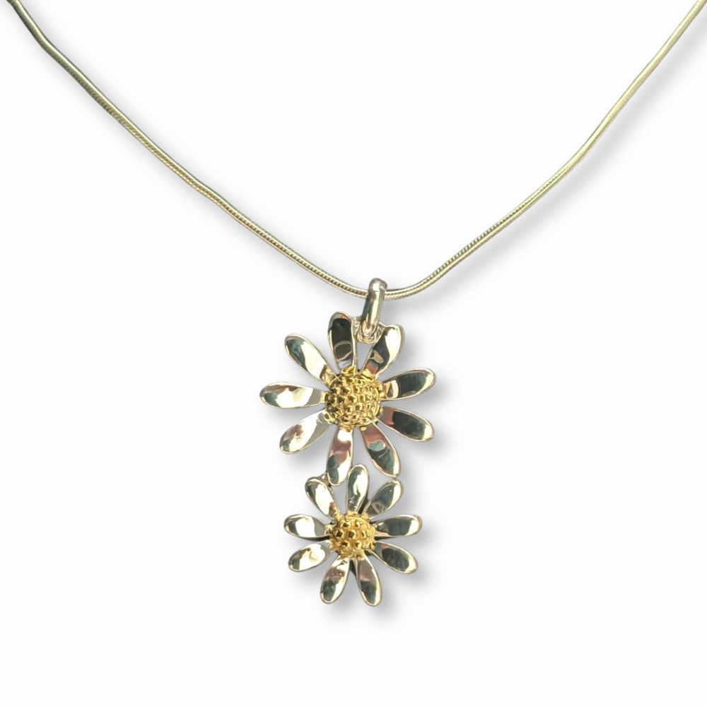 Sterling Silver Double Daisy Pendant Necklace on Snake Chain