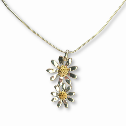 Sterling Silver Double Daisy Pendant Necklace on Snake Chain