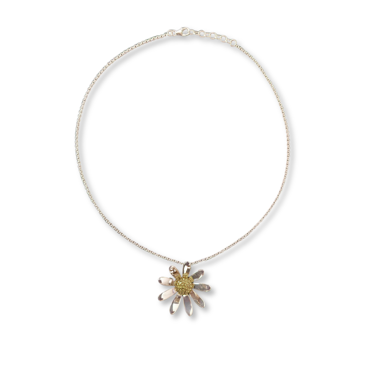 Large Sterling Silver Daisy Pendant Necklace with Gold Vermeil Centre