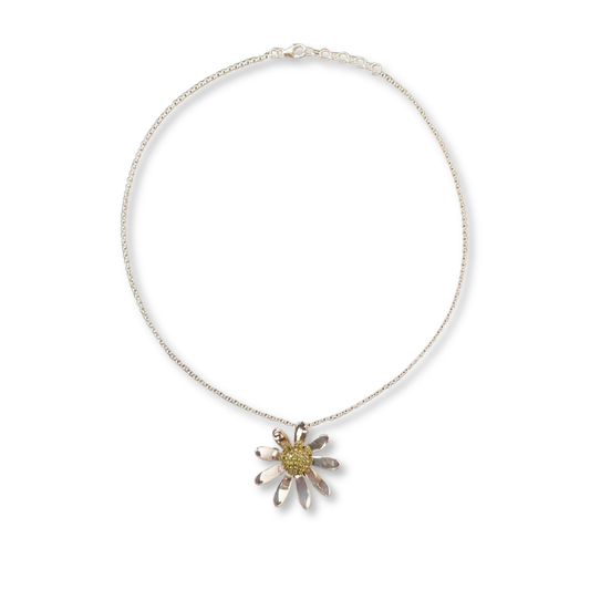 Large Sterling Silver Daisy Pendant Necklace with Gold Vermeil Centre